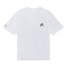 White t-shirt with a small black logo on a white background