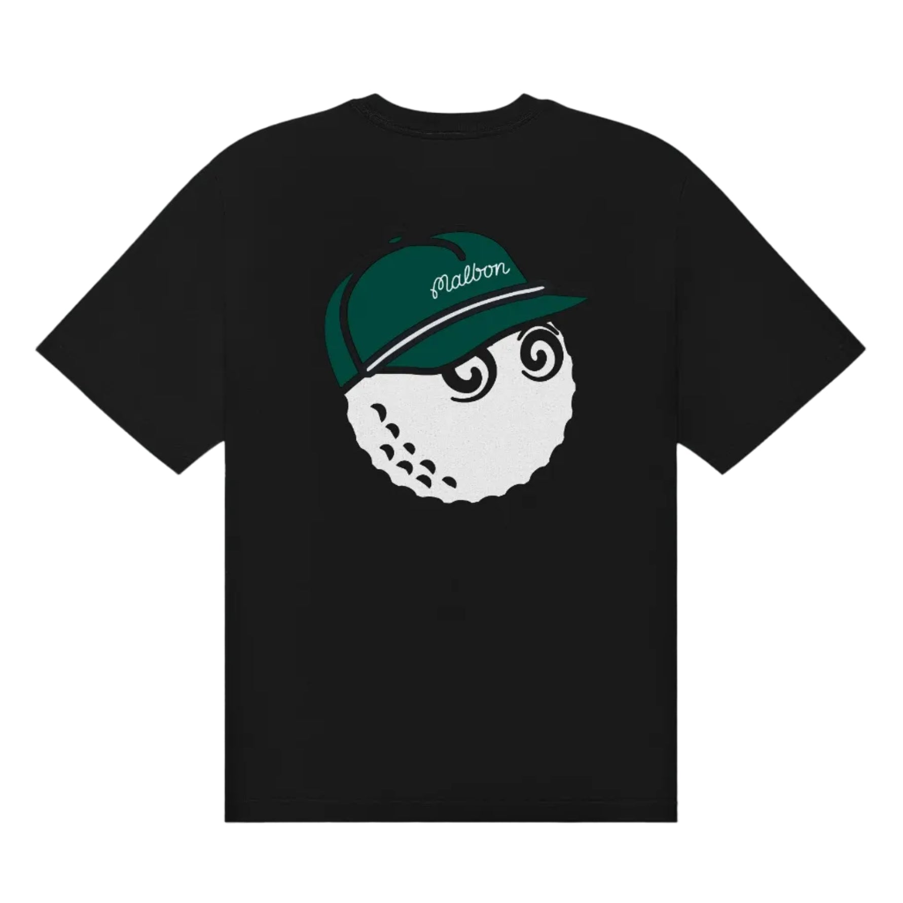 Back of a black t-shirt with a golf ball logo on a white background