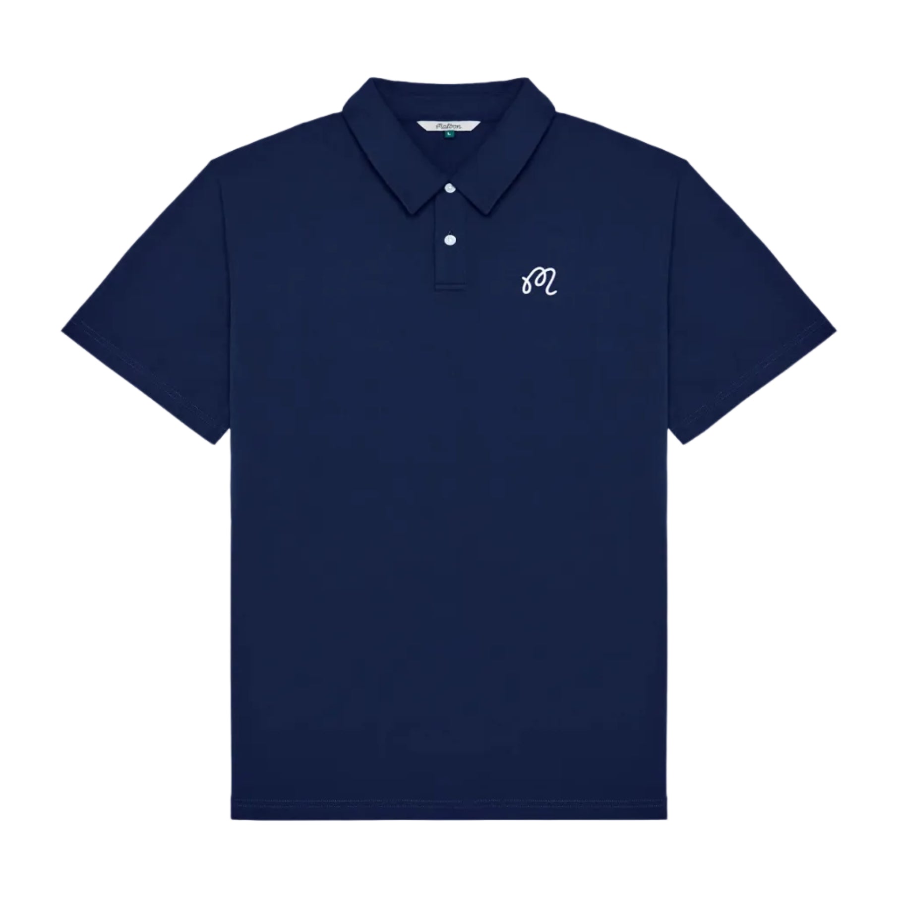 Navy polo shirt with a small logo on a white background