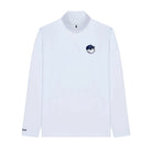 White long-sleeve shirt with a small logo on a white background