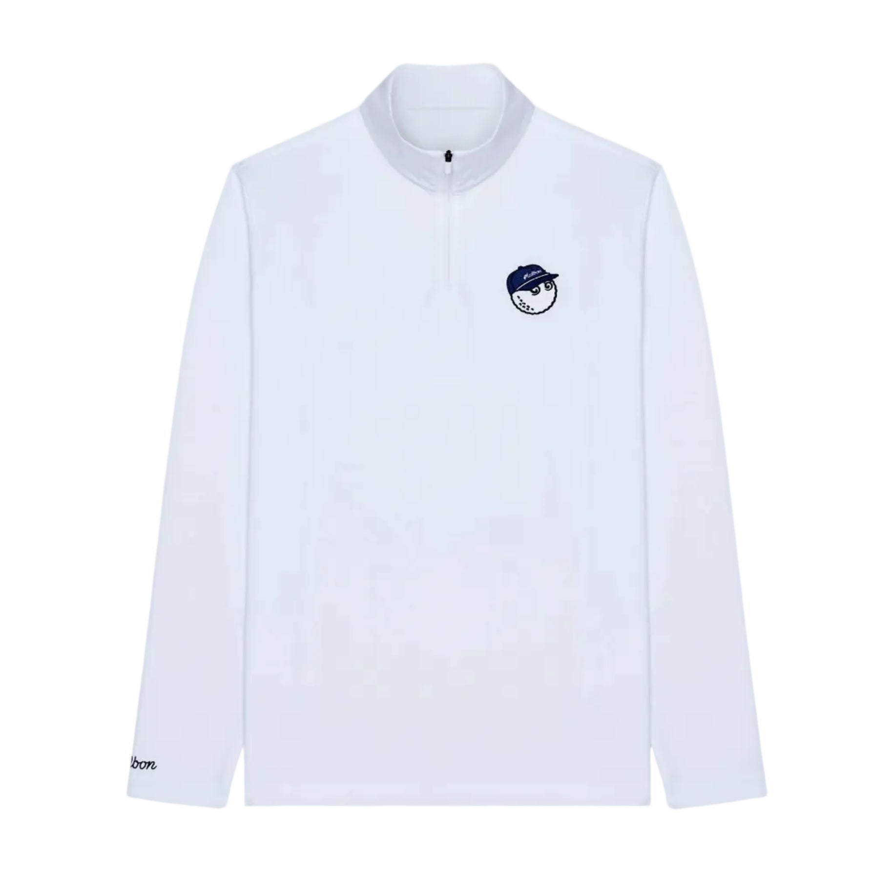 White long-sleeve shirt with a small logo on a white background