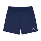 Navy blue shorts with a logo on a white background