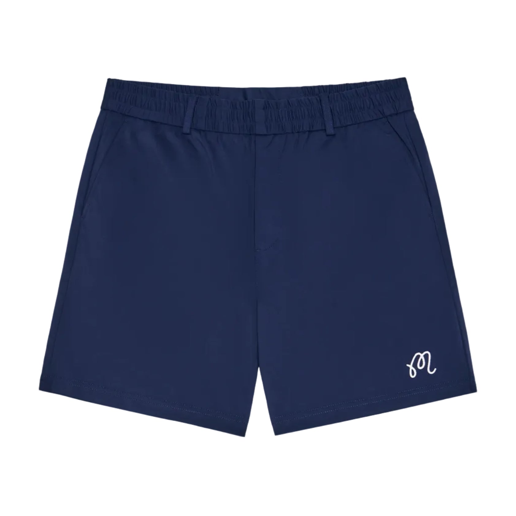 Navy blue shorts with a logo on a white background