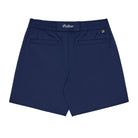 Navy blue shorts with a logo on a white background, back view