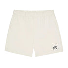 Beige shorts with a black logo on a white background