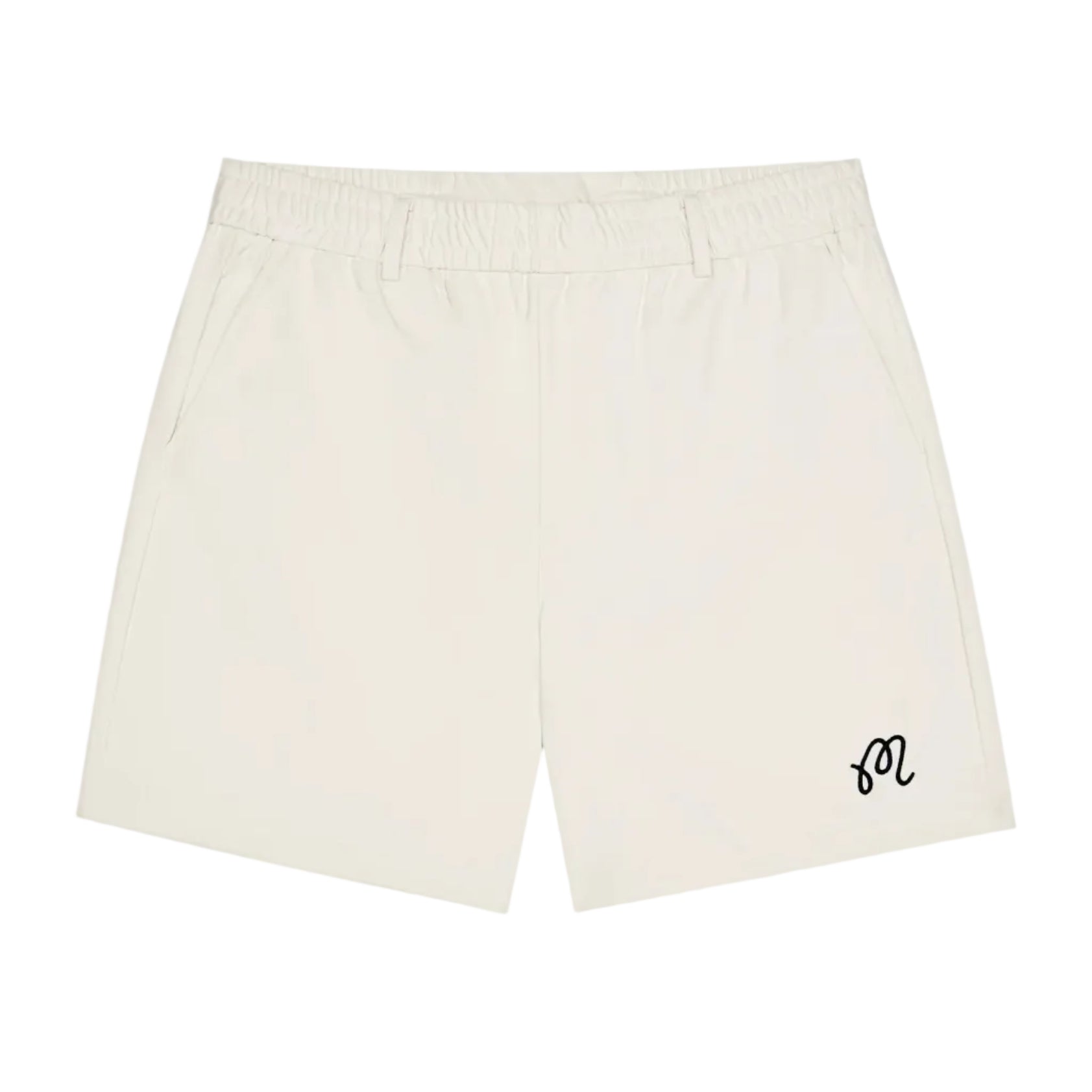 Beige shorts with a black logo on a white background