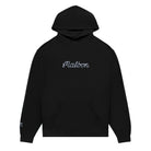 Black hoodie with an embroidered Malbon logo across the chest on a white background