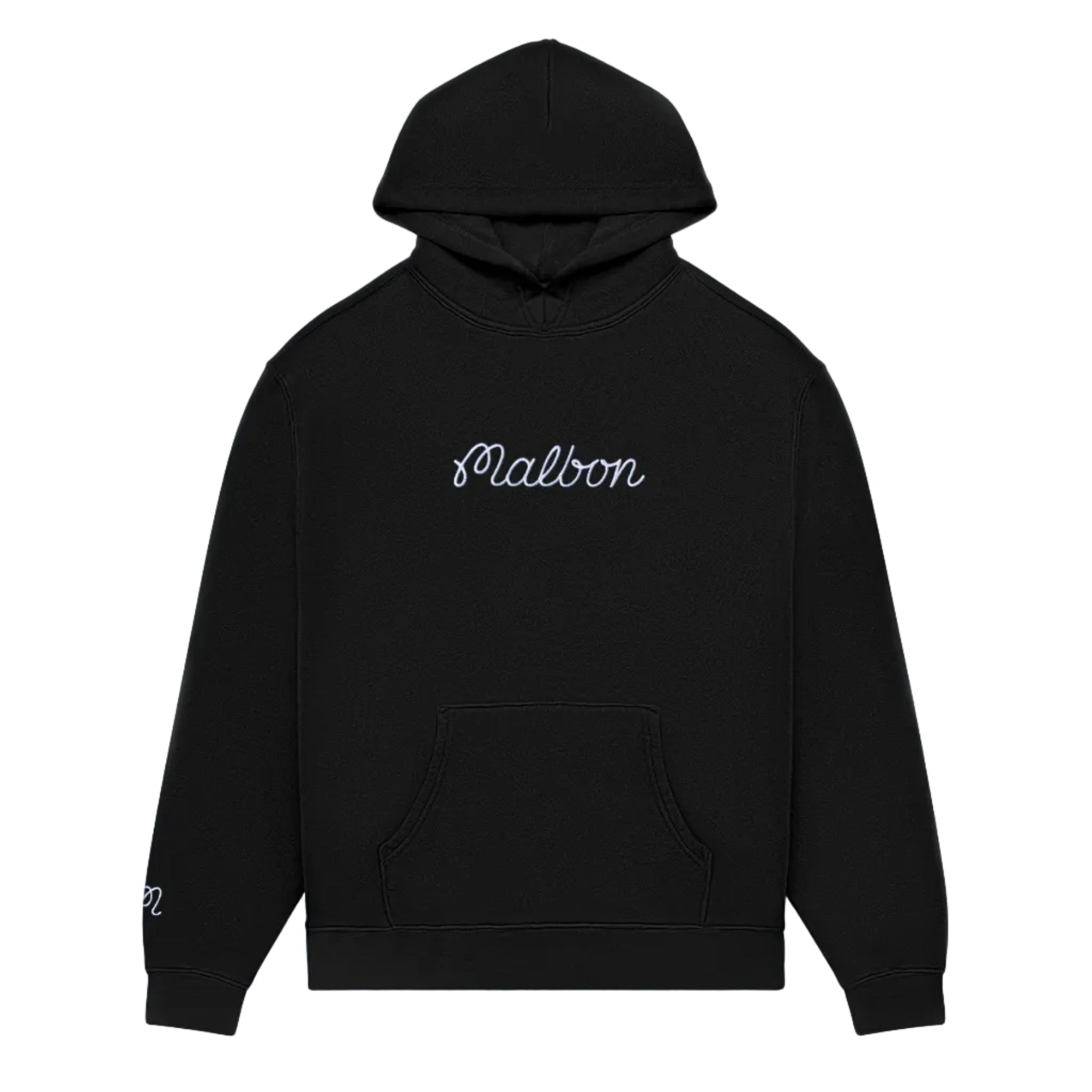 Black hoodie with an embroidered Malbon logo across the chest on a white background
