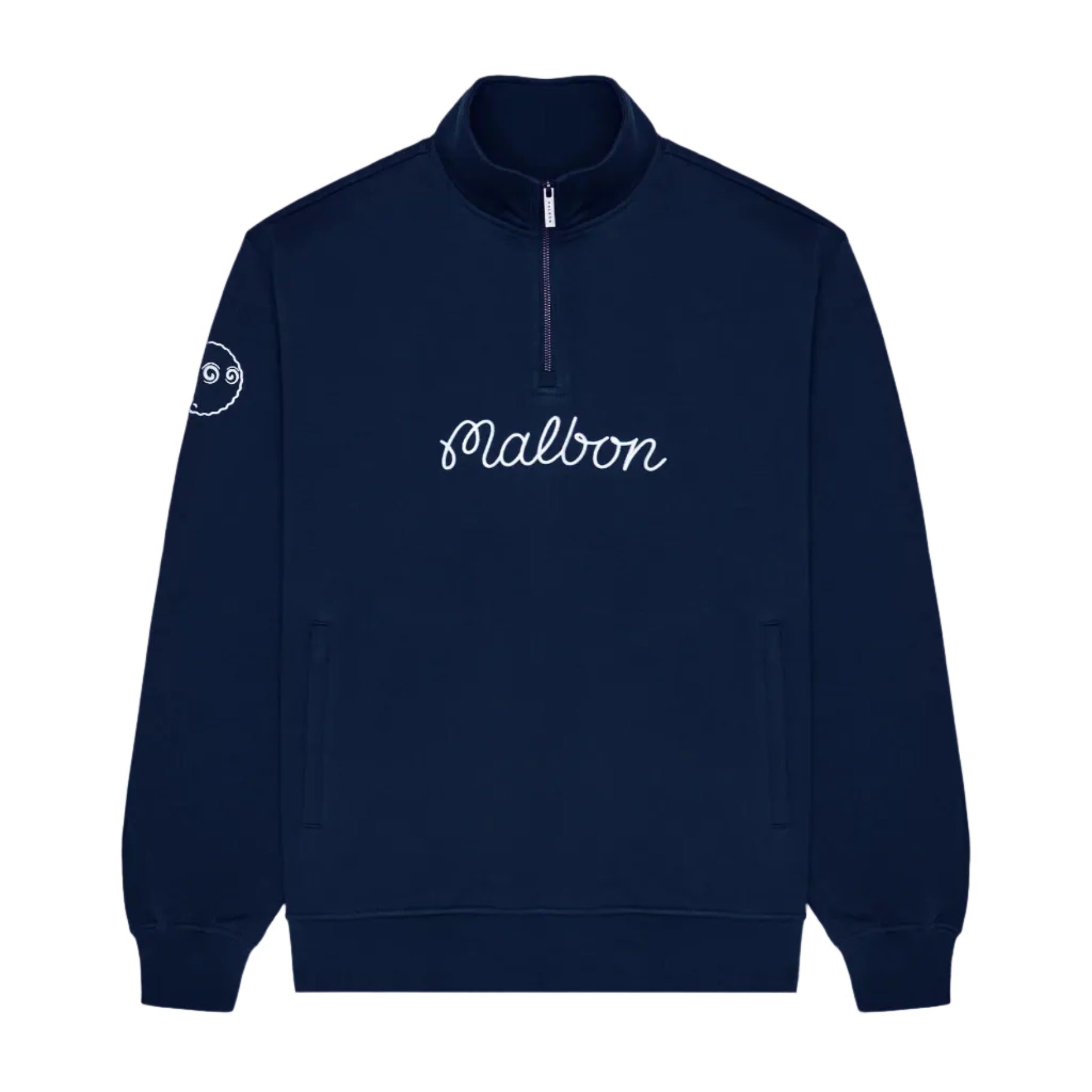 Navy sweatshirt with 'Malbon' branding on a white background