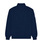 Back view of a navy blue quarter-zip sweatshirt on a light gray background