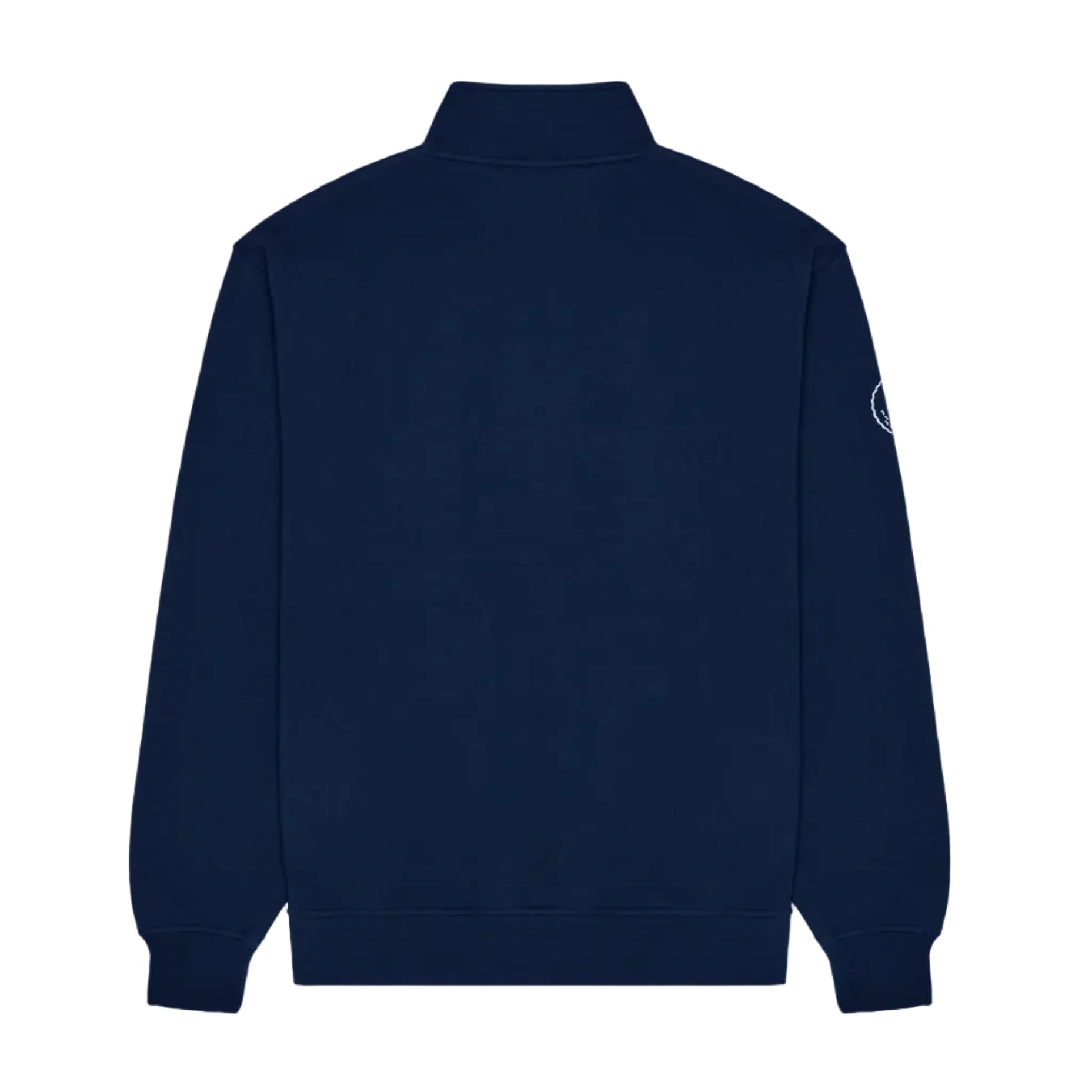 Back view of a navy blue quarter-zip sweatshirt on a light gray background
