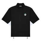 Black short-sleeve jacket with a small logo on a white background