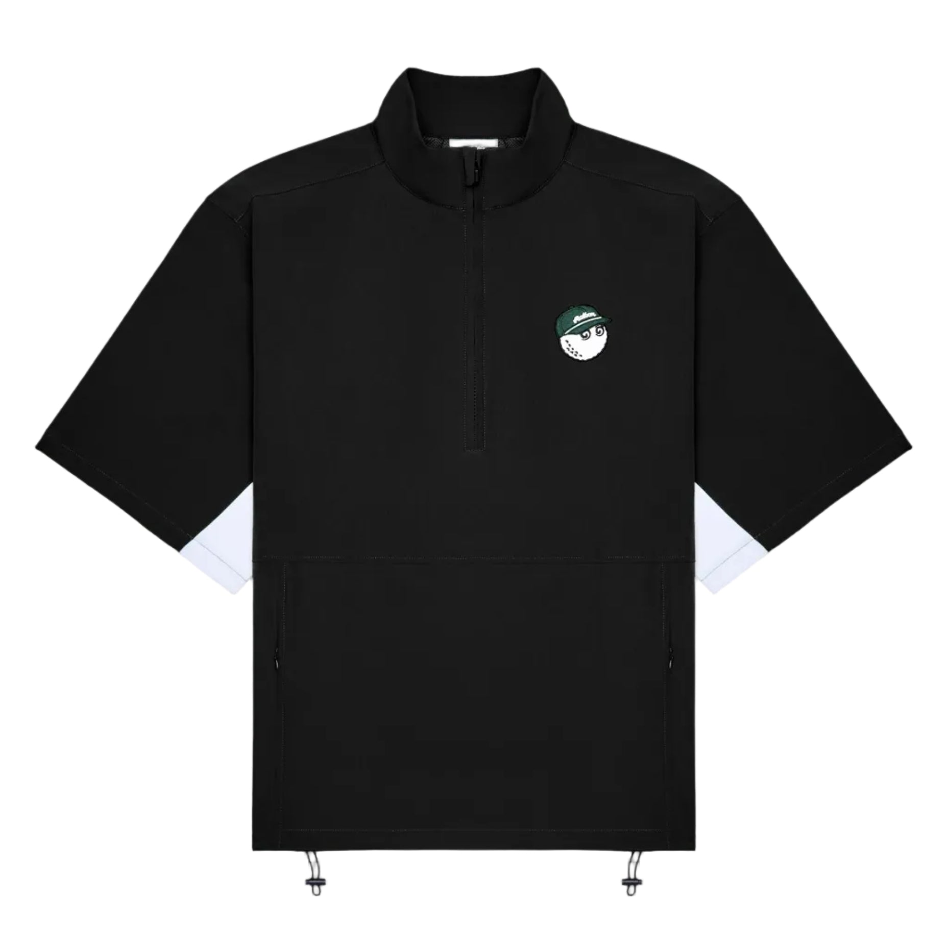 Black short-sleeve jacket with a small logo on a white background