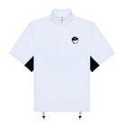 White short-sleeved jacket with black accents on a white background