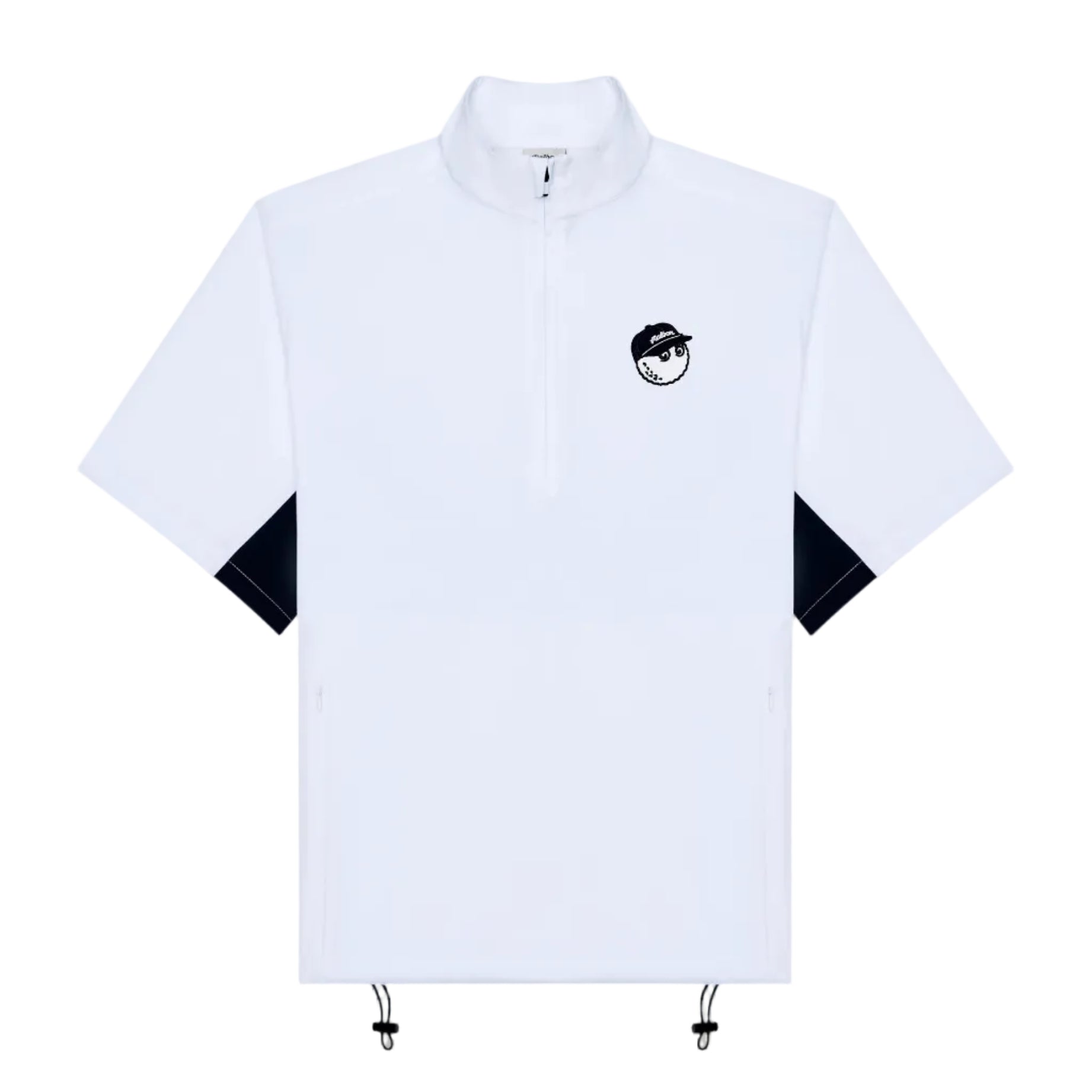 White short-sleeved jacket with black accents on a white background