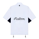 Back view of a white windbreaker with 'Malbon' logo on a white background