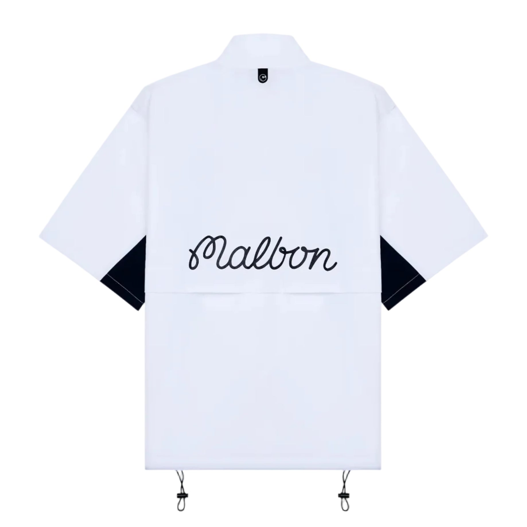Back view of a white windbreaker with 'Malbon' logo on a white background
