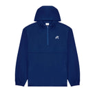 Blue hooded jacket with a small logo on a white background