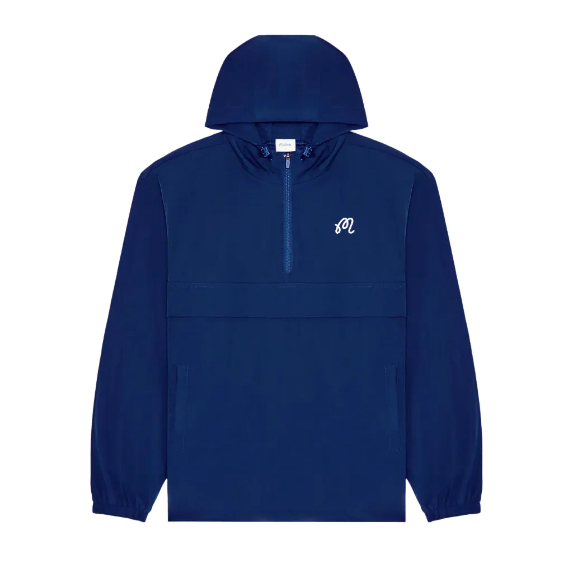 Blue hooded jacket with a small logo on a white background