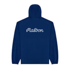 Navy hooded windbreaker with 'Malbon' branding on the back against a white background