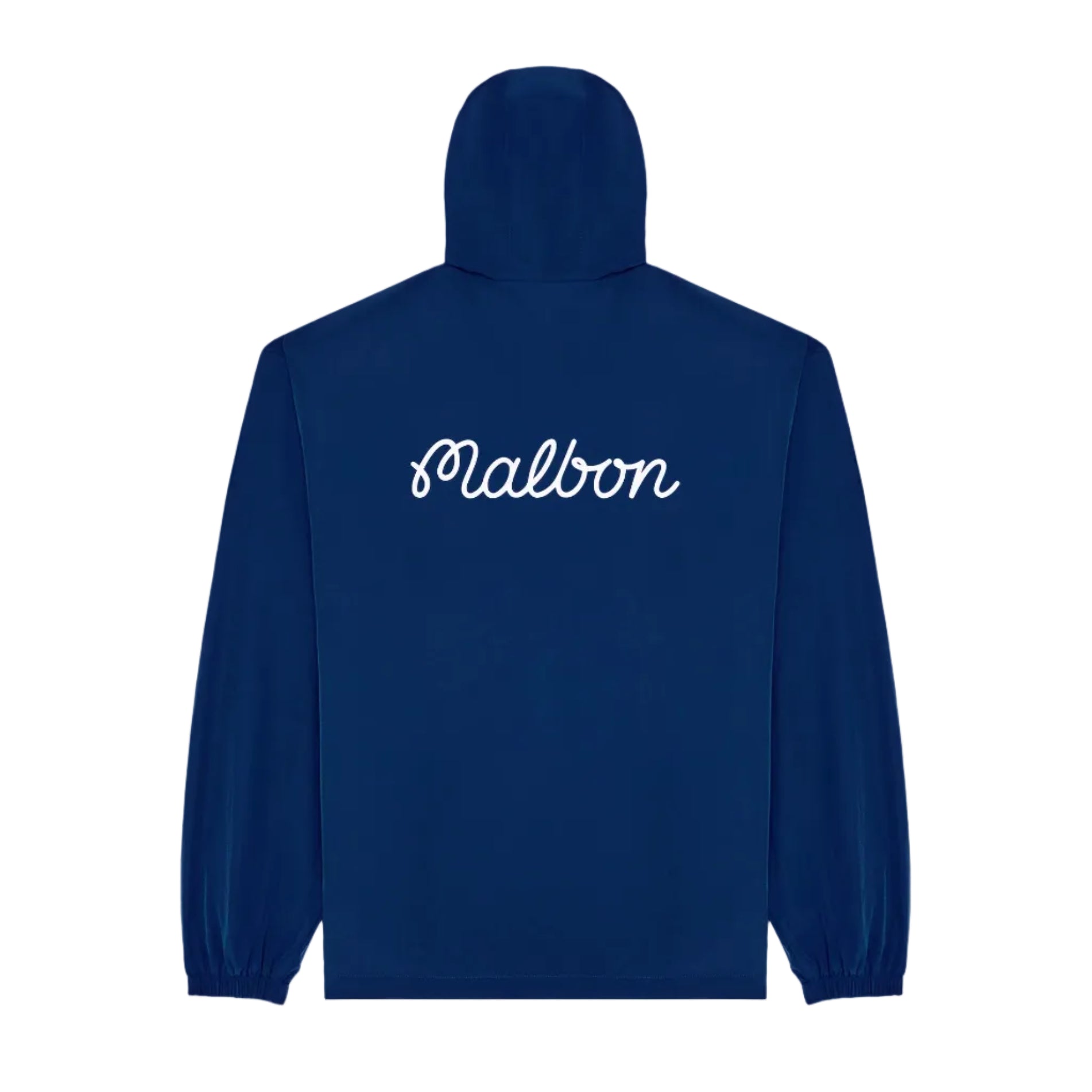 Navy hooded windbreaker with 'Malbon' branding on the back against a white background