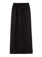A black pleated midi skirt with an elastic waistband and drawstring, shown flat against a white background.