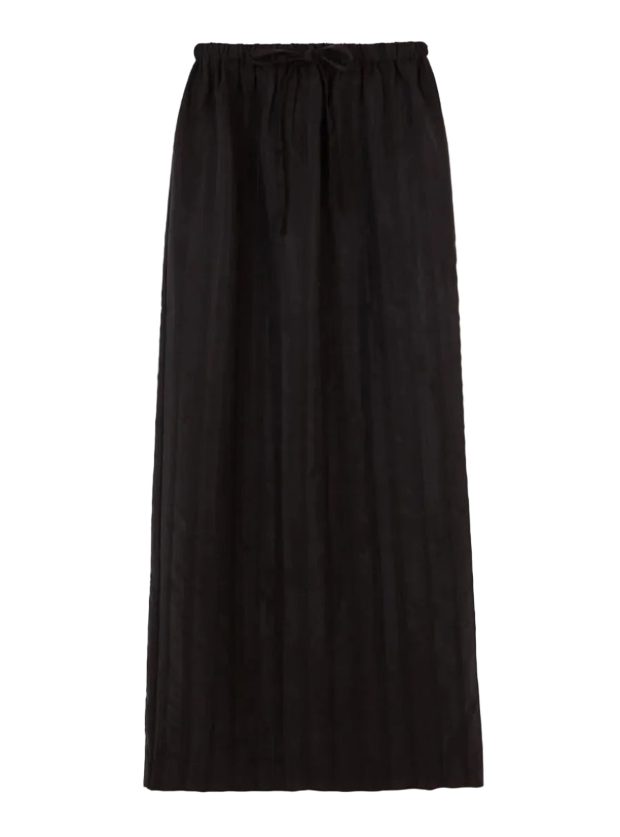 A black pleated midi skirt with an elastic waistband and drawstring, shown flat against a white background.