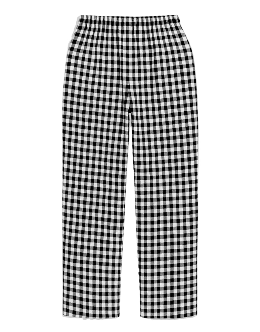 Black and white gingham checkered pants on a white background