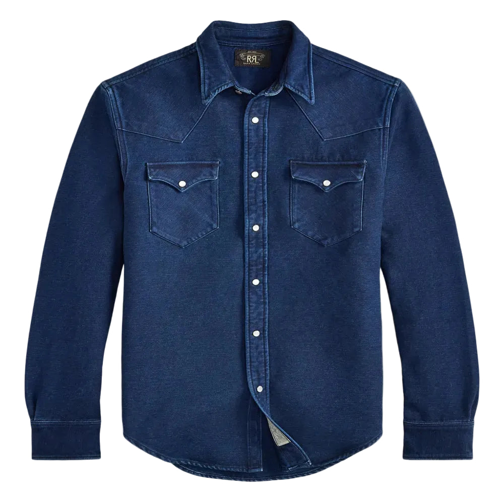 Blue denim shirt with white buttons on a white background
