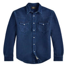 Blue denim shirt with white buttons on a white background