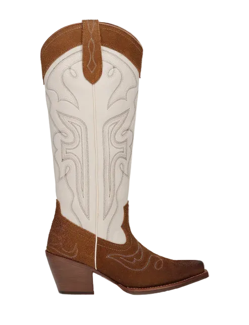 Brown and cream cowboy boots on a white background