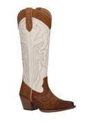 Brown and cream cowboy boots on a white background