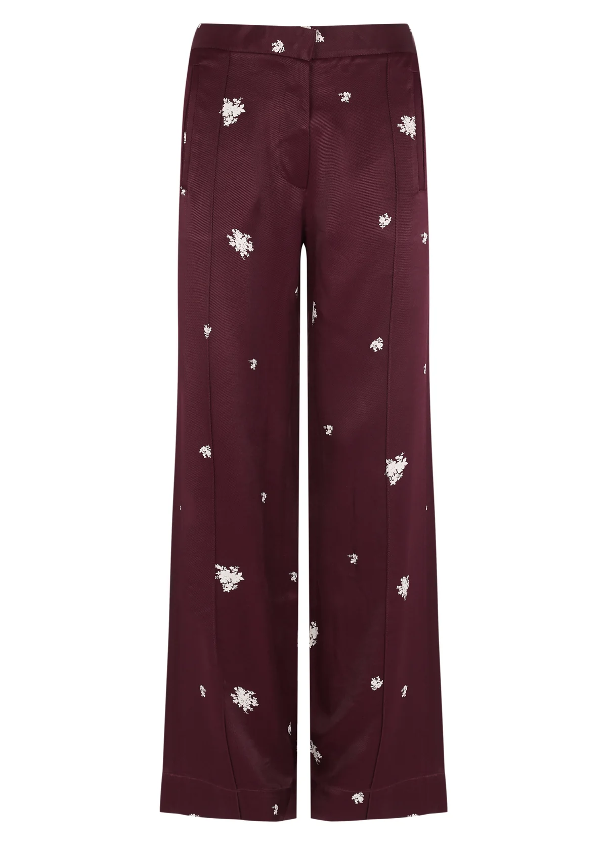Maroon pants with white floral patterns on a white background