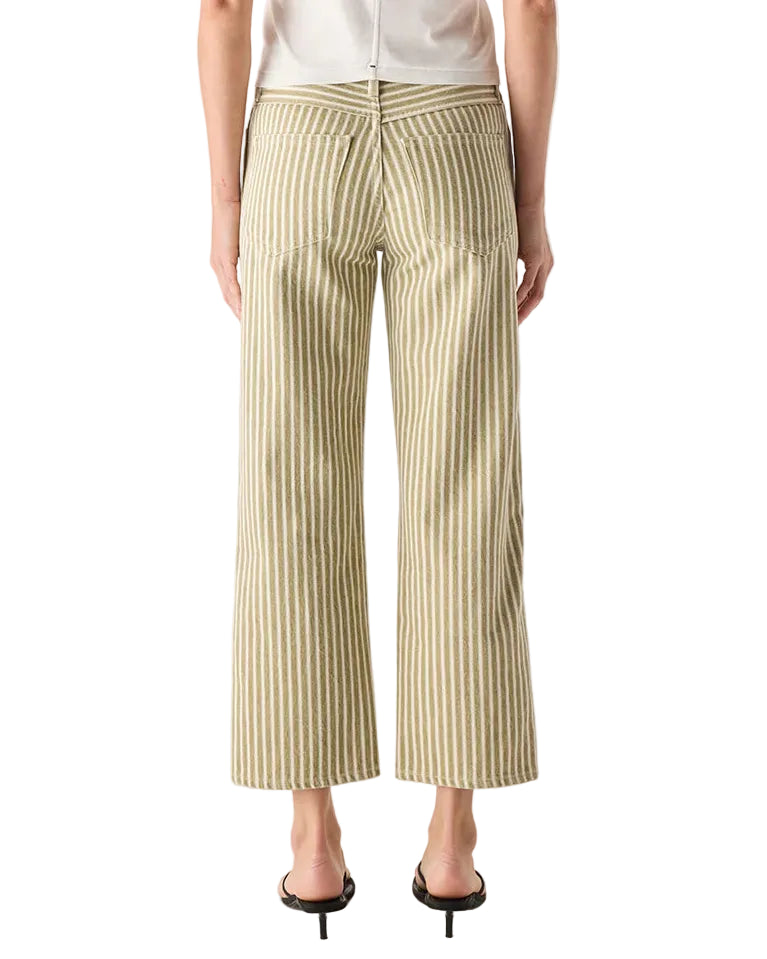 Person wearing a white top and striped pants on a white background