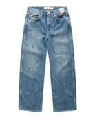 Light blue denim jeans with a paint splatter detail, featuring a straight-leg fit and raw hems, shown flat against a white background.