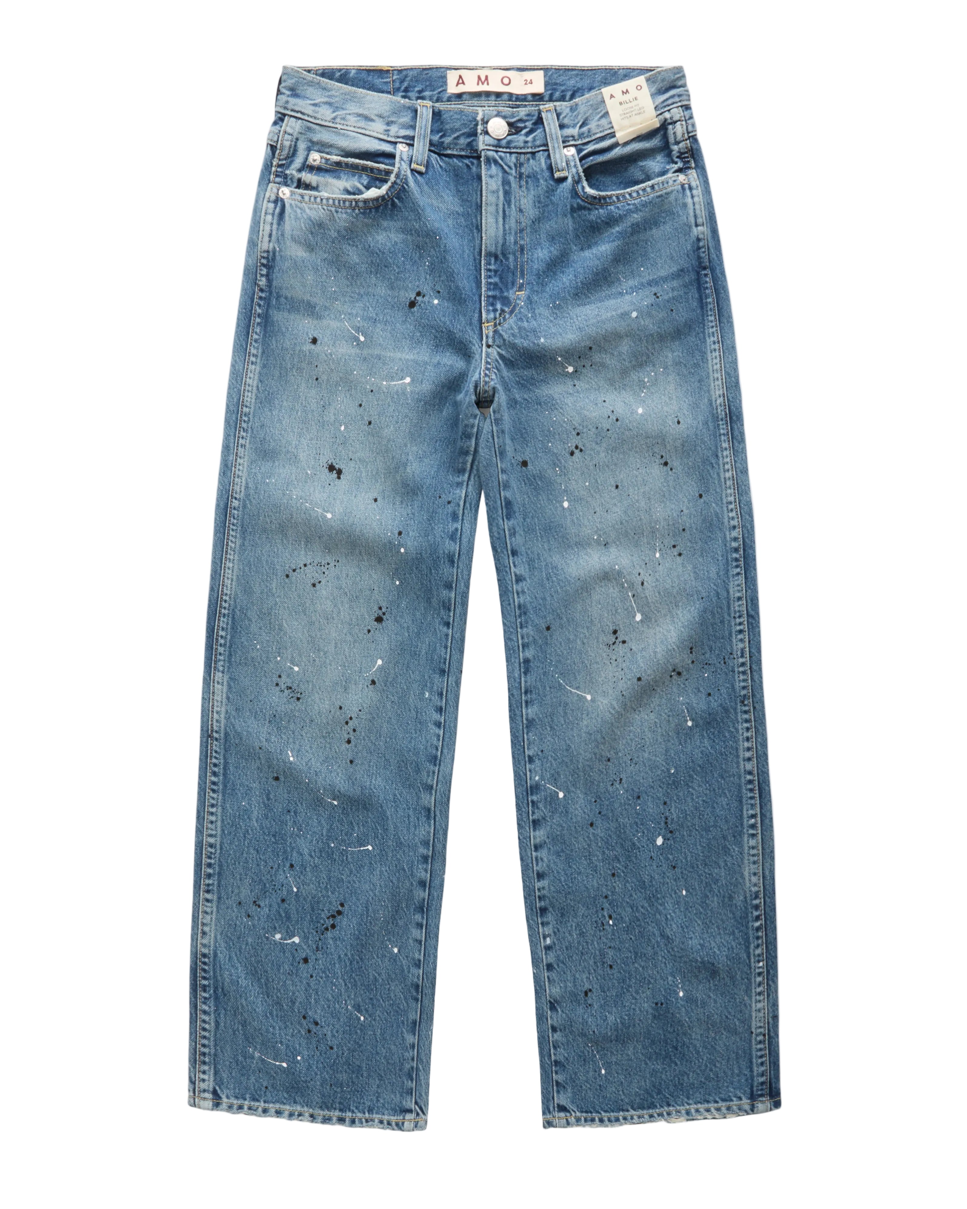 Light blue denim jeans with a paint splatter detail, featuring a straight-leg fit and raw hems, shown flat against a white background.