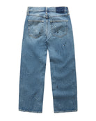 Back view of light blue denim jeans with a paint splatter details, shown flat on a white background.