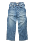 Light blue denim jeans with a straight-leg fit, featuring a faded wash and a visible 'AMO' brand label at the waistband, shown flat on a white background.