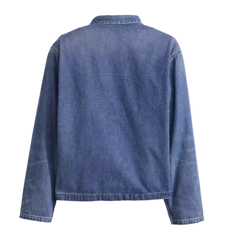 Blue denim jacket on a white background
