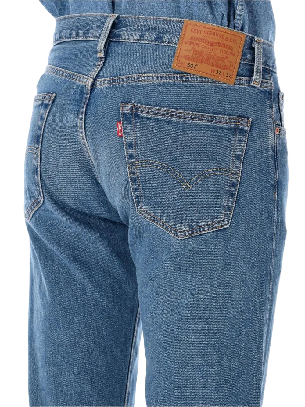 Back view of blue jeans with Levi's logo on a white background