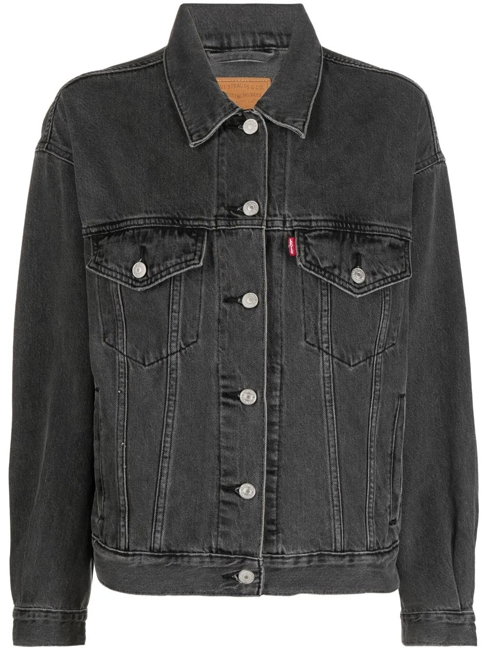 Black denim jacket with brand logo on a white background