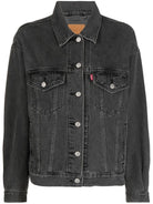 Black denim jacket with brand logo on a white background
