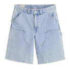 Light blue denim shorts on a white background