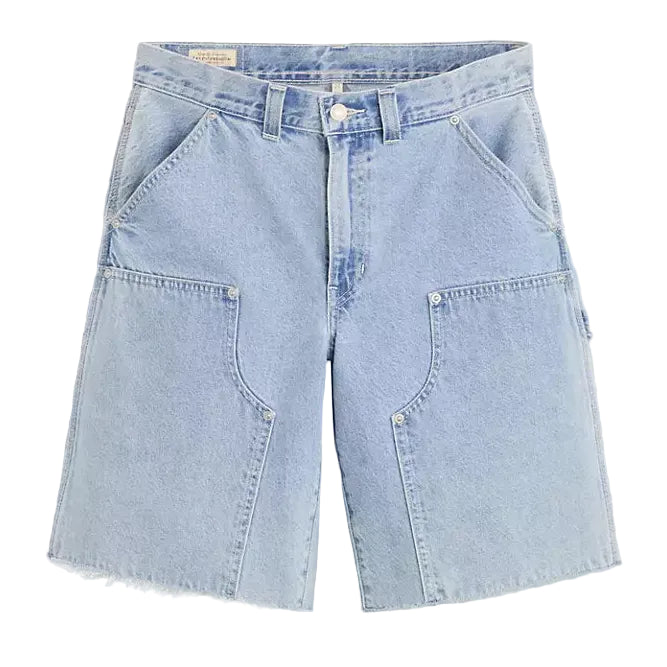 Light blue denim shorts on a white background