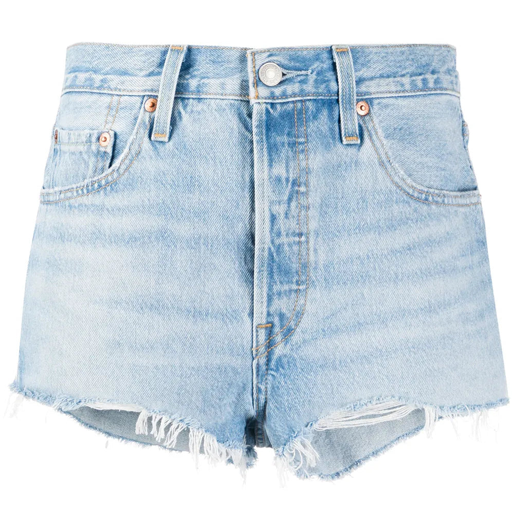Light blue denim shorts on a white background