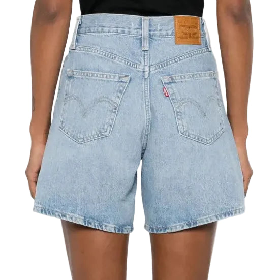 Person wearing light blue denim shorts on a white background