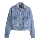 Blue denim jacket on a light gray background