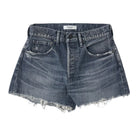 A pair of high-waisted, frayed-hem denim shorts in a washed blue wash, laid flat against a white background.