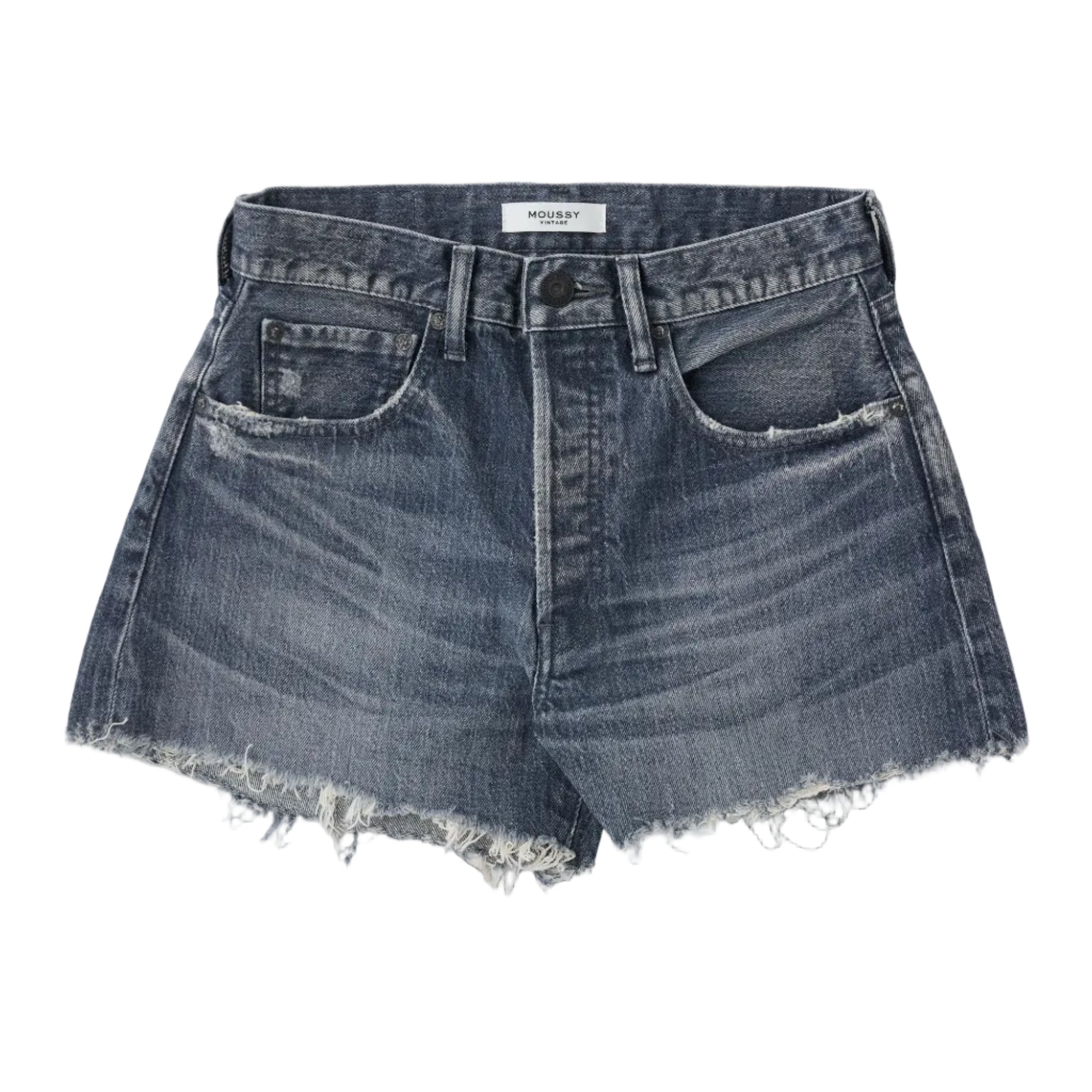 A pair of high-waisted, frayed-hem denim shorts in a washed blue wash, laid flat against a white background.