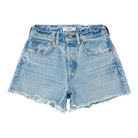 Light blue denim shorts with a raw, frayed hem and a high waist, laid flat on a white background.